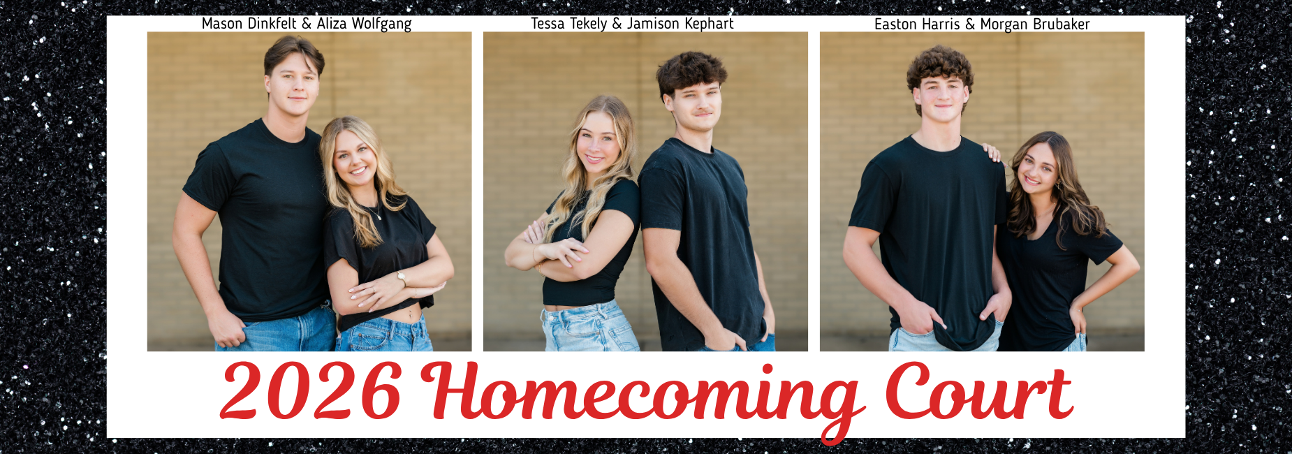 Collage of four students in pairs with a black and glittery background.