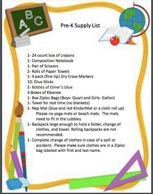 Pre-K supply list