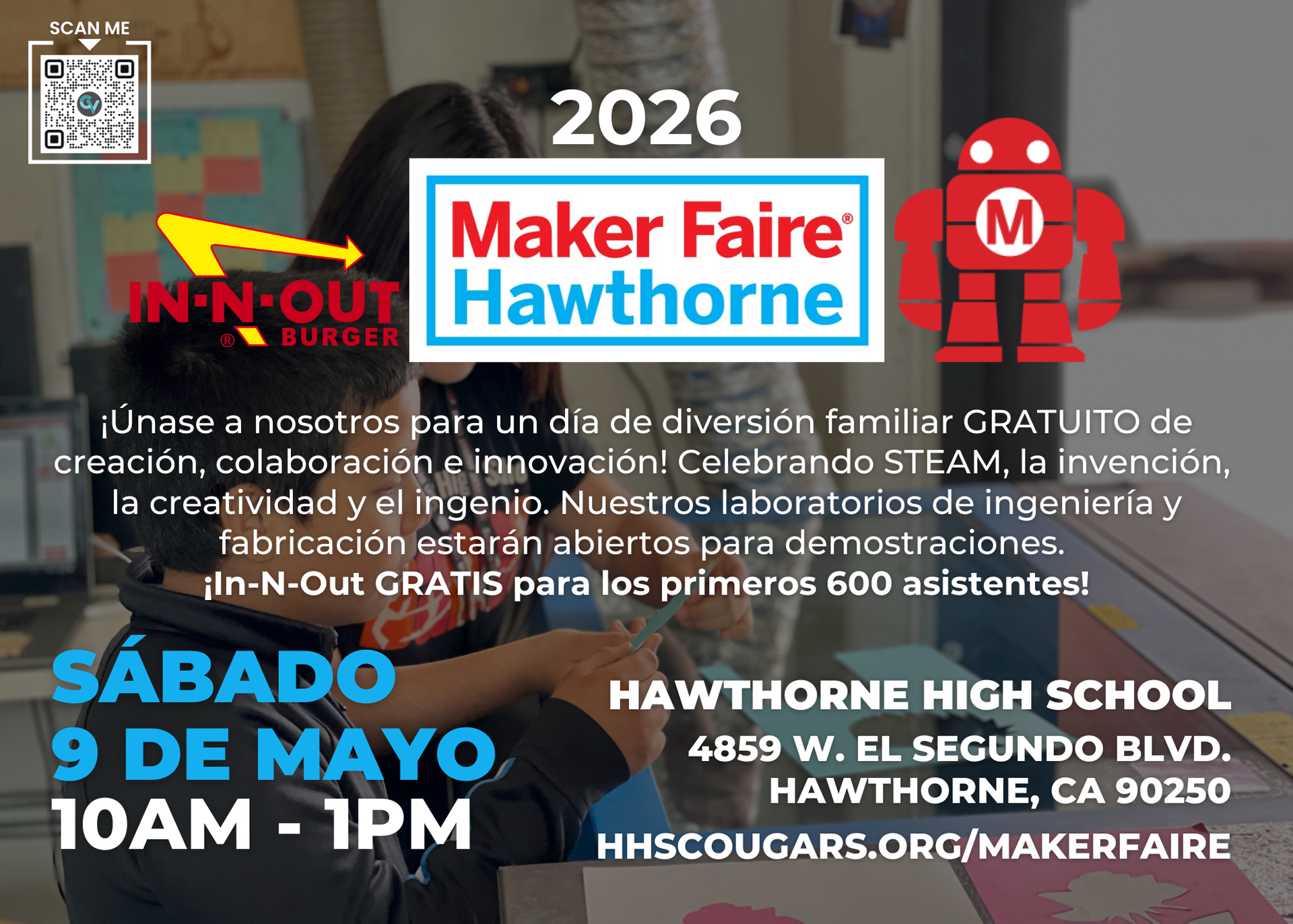 Event flyer for Maker Faire Hawthorne in Spanish with details and sponsors.