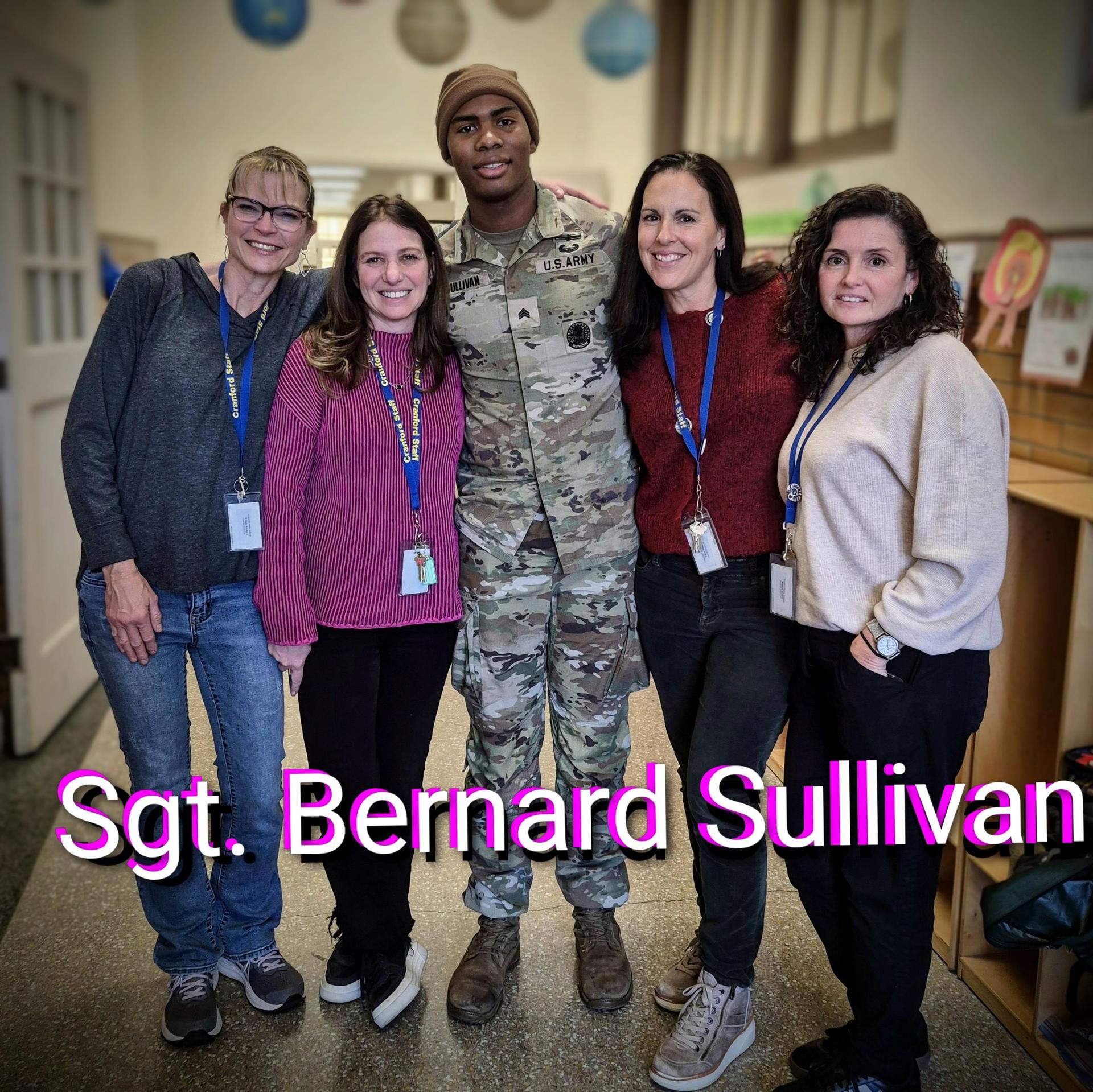 LEAP alum Sgt. Bernard Sullivan surprises (L>R) Ms. W, Dr. C, Ms. K, and Ms. W with a visit, 04 Dec 2025.
