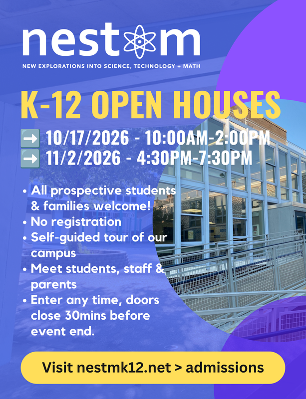 poster for Open House at NEST+m with a photo of the main ramp and mosaic tiles.