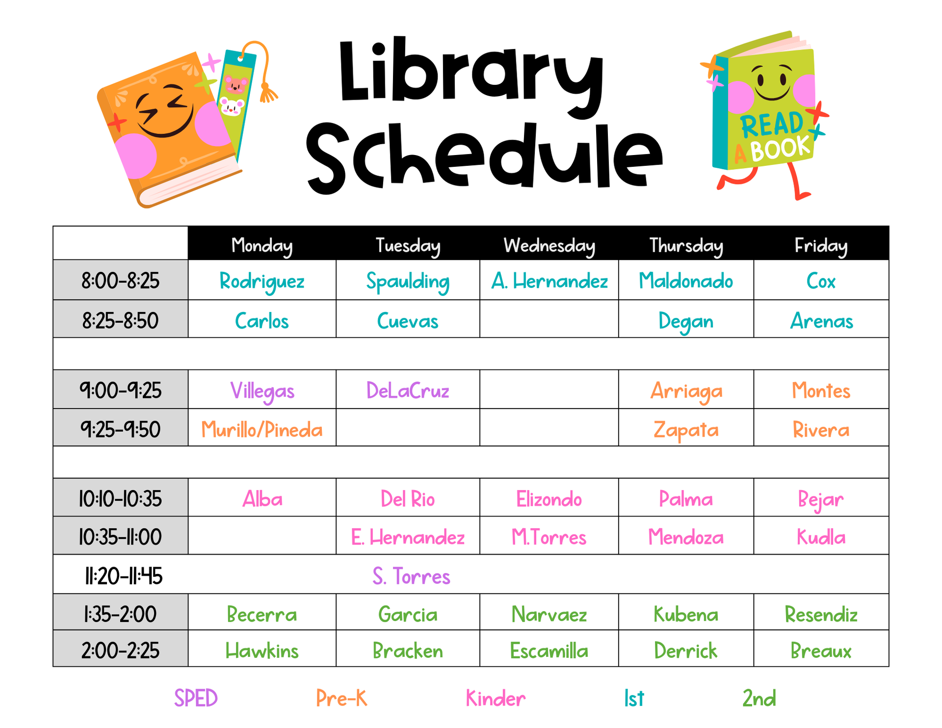 Colorful library schedule displaying weekly class timings and teachers' names.