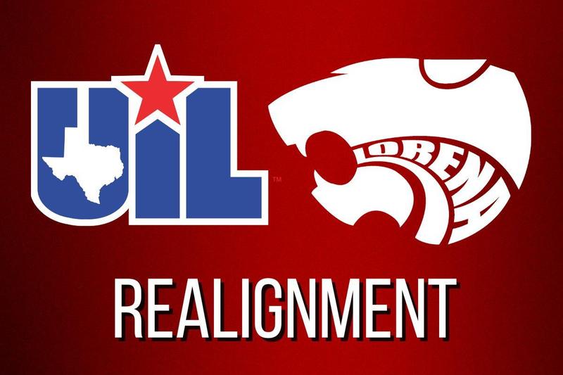 Realignment graphic with blue and white UIL logo white leopard head logo and red background