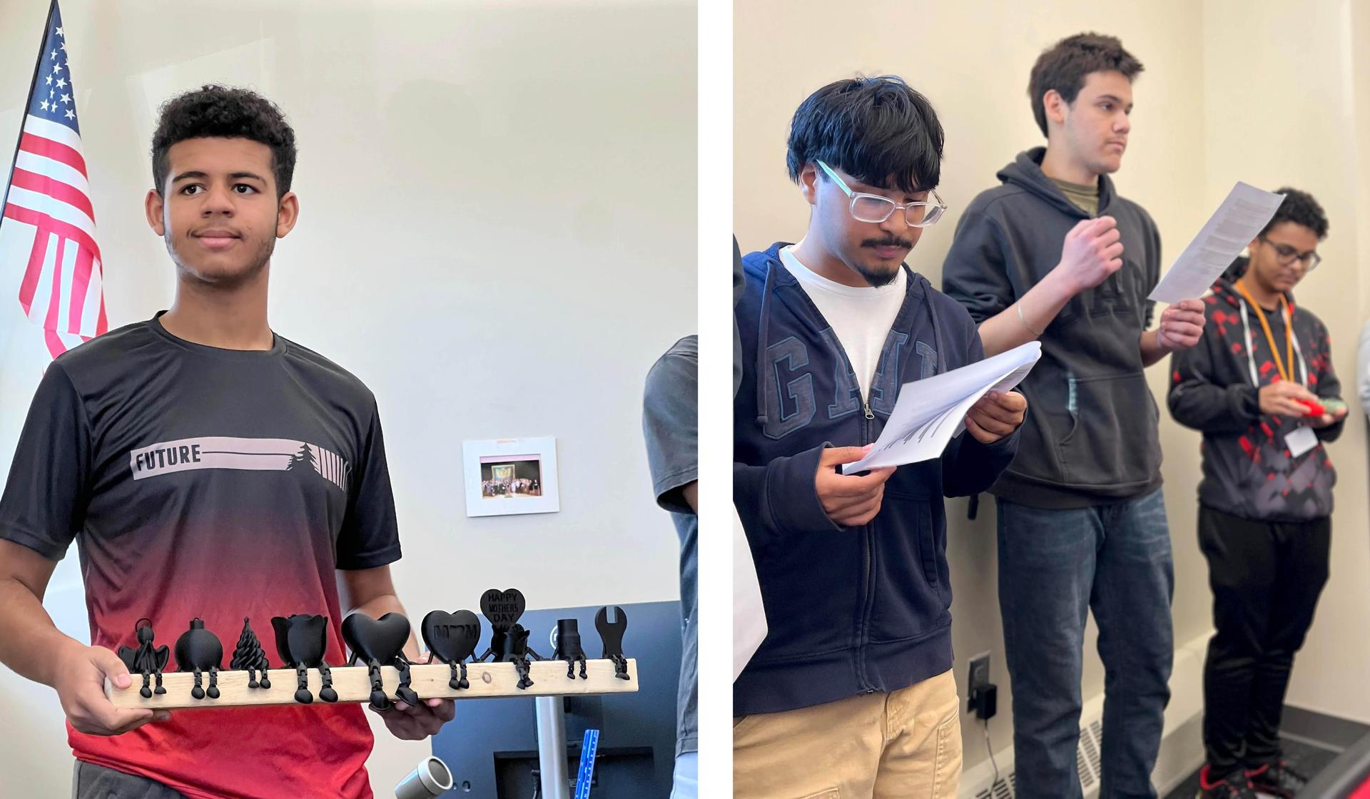 A student holds a display of key-shaped objects while others present their projects.