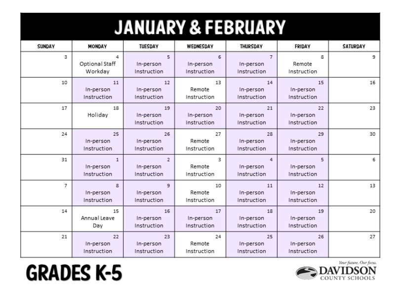 January and February Calendar for Elementary