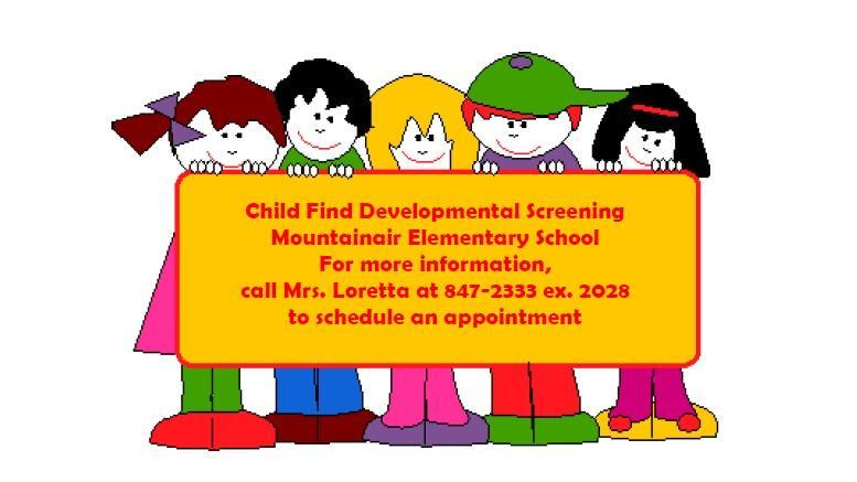 5 cartoon children with a sign announcing Child Find Developmental Screening