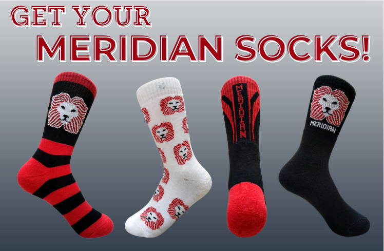 Red, white, and black socks with lion logos