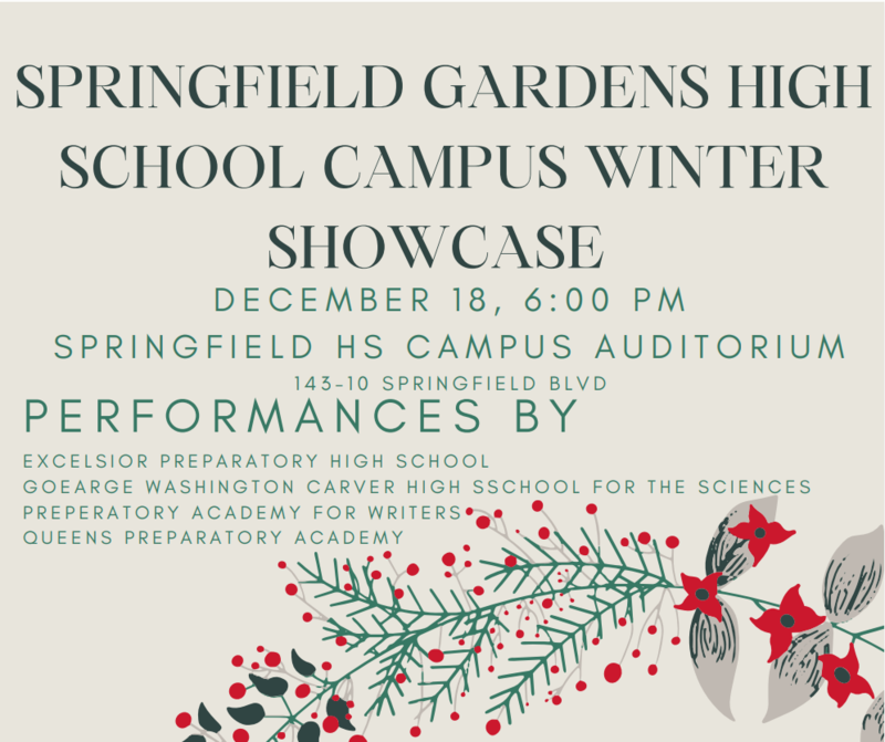 Promotional flyer for Springfield Gardens Campus Winter concert, on December 18th at 6pm.