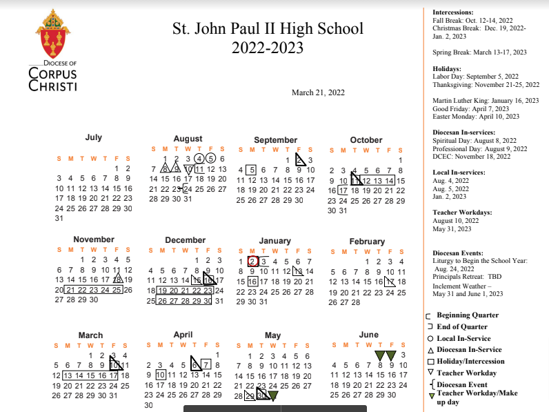 School Calendar 2022 23 Parents Community St John Paul II High 