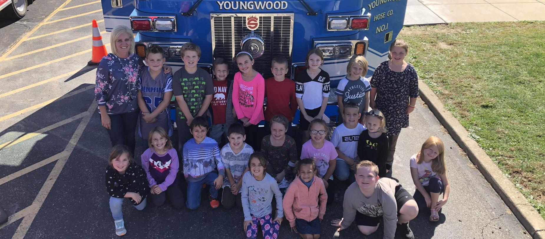 students and fire truck
