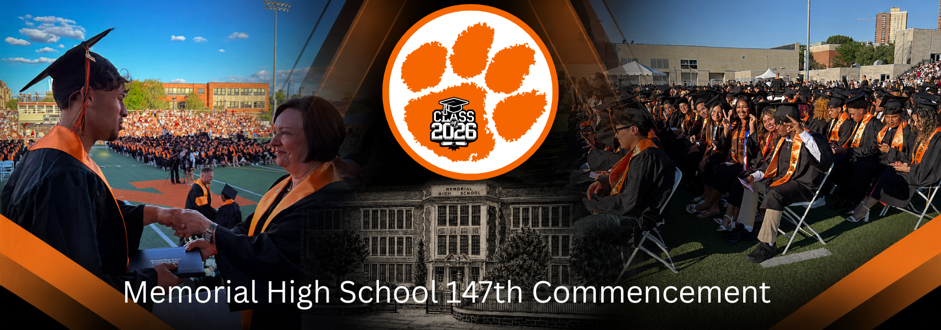 Graduation ceremony with students, a school, and a logo featuring a paw print.