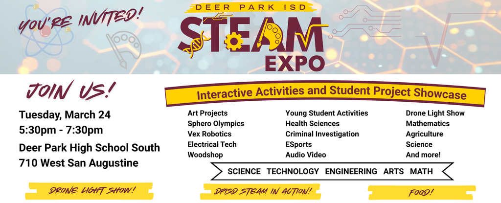Invitation for Deer Park ISD STEAM Expo with event details.