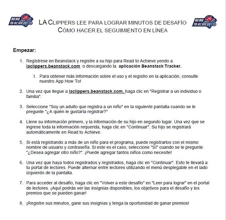 Read to Achieve Letter Explaining How to Register to Track Minutes in Spanish