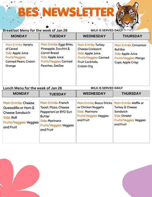 Lunch menu for the week of 01/26/2026