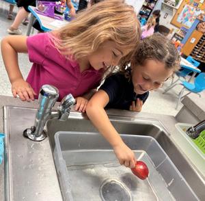Two girls test to see if an apple will float.