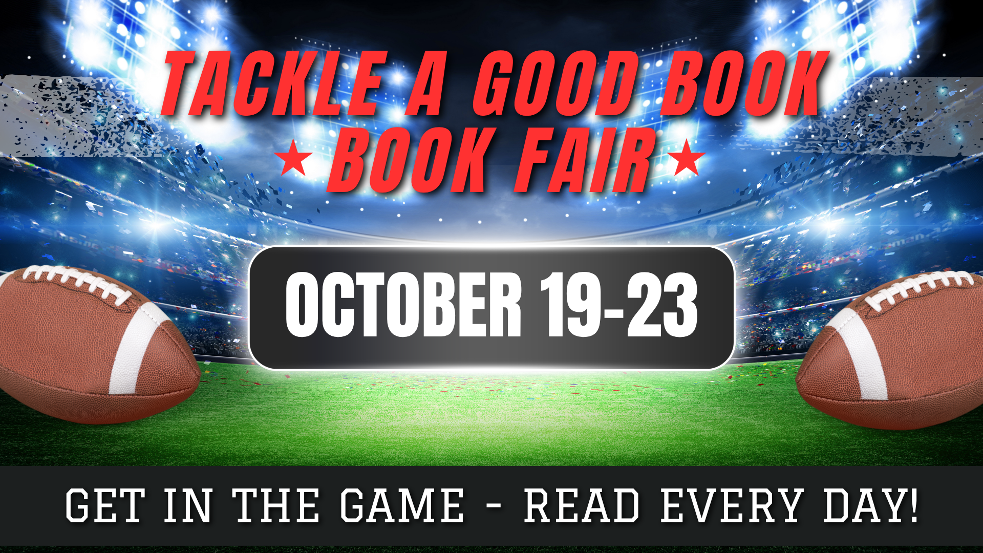 A promotional graphic for a book fair with football imagery and event dates.