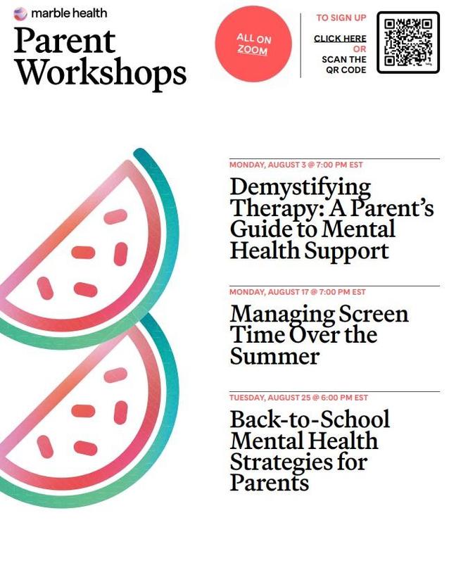 Event poster for Parent Workshops with dates and topics listed