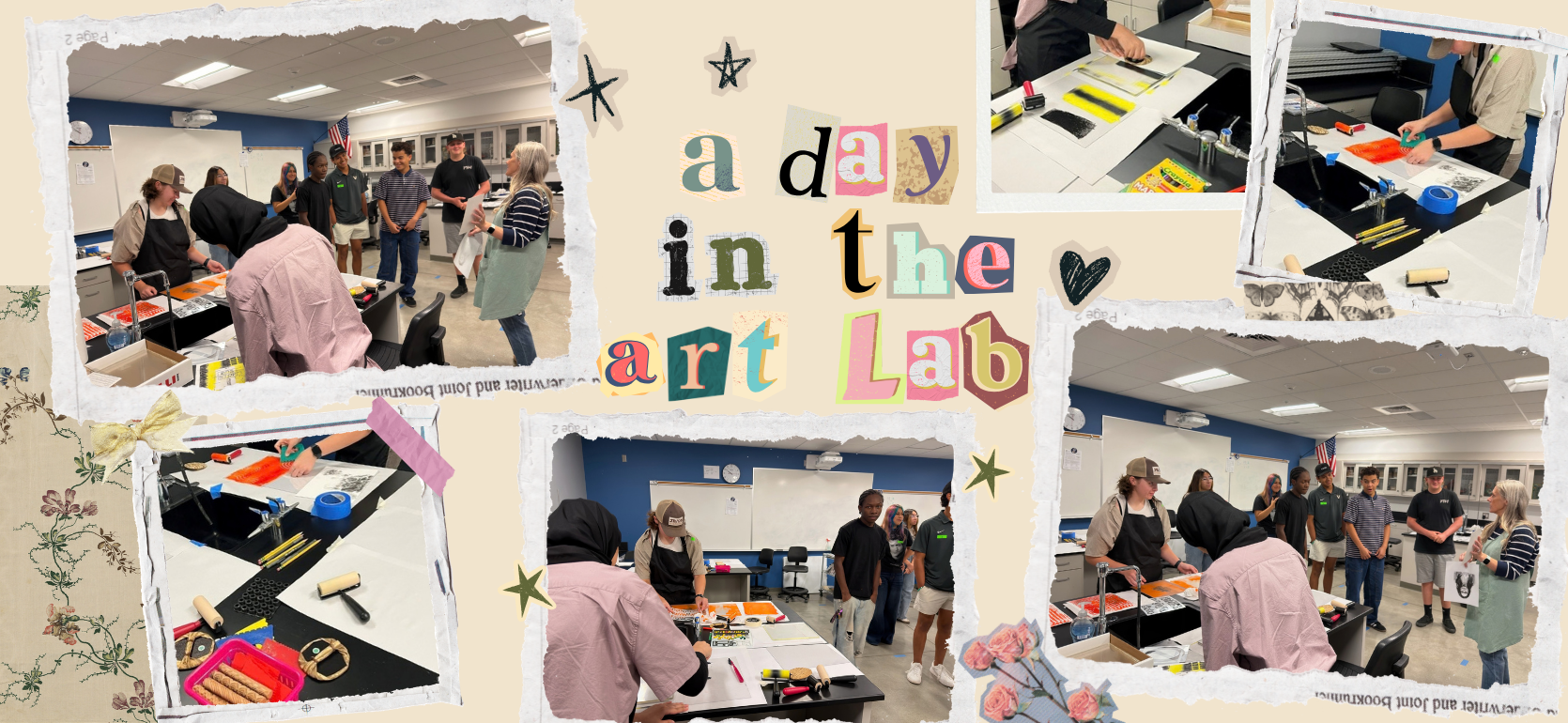 Students engaged in art activities in a classroom setting.