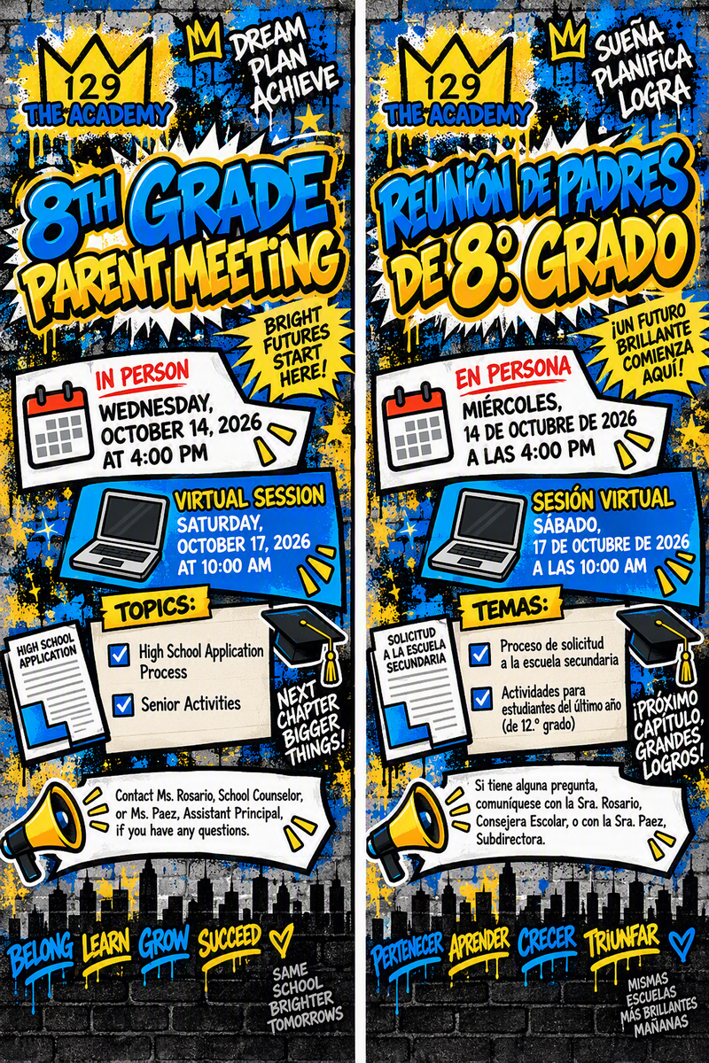 8th grade parent meeting flyer in English and Spanish