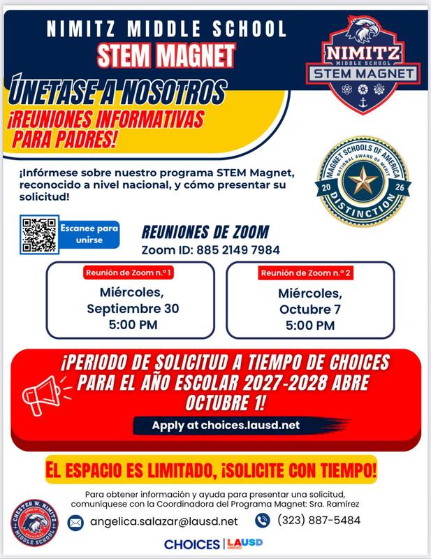 Nimitz Middle School STEM Magnet Parent Information Meetings Flyer in Spanish.