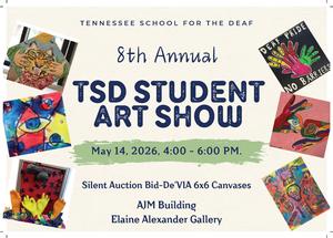 Art show announcement featuring colorful student artworks and event details.