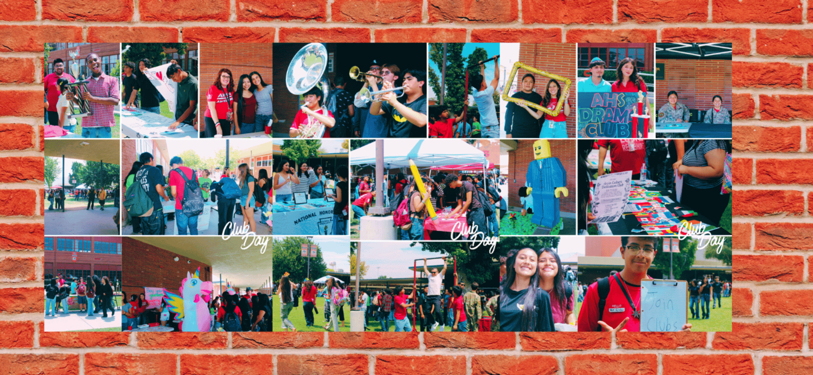 A collage of students at a campus event featuring booths and activities.
