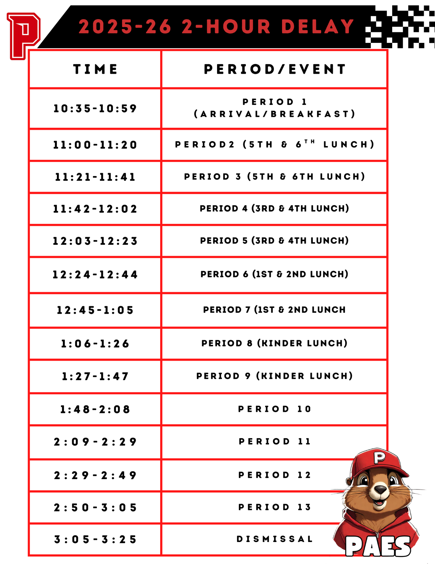 2 hour delay schedule