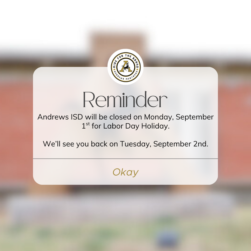 Reminder; No School Monday, Sept. 1st