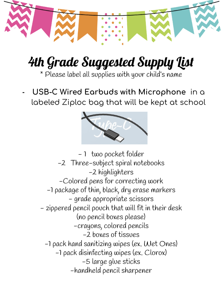 4th Grade Supply List