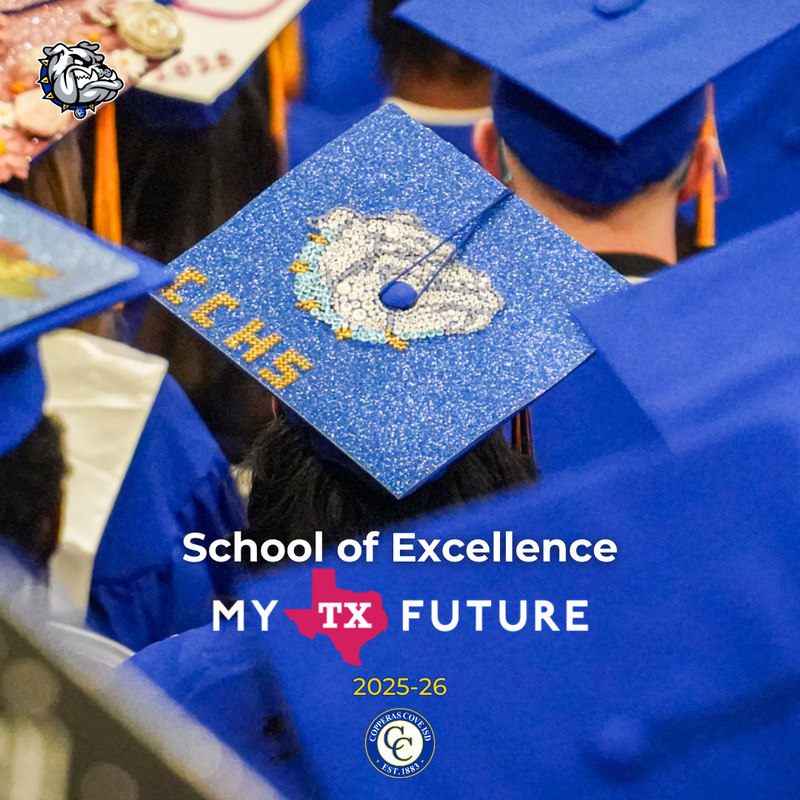 Graduation caps in blue with a decorated cap reading 'My TX Future 2025-26'.