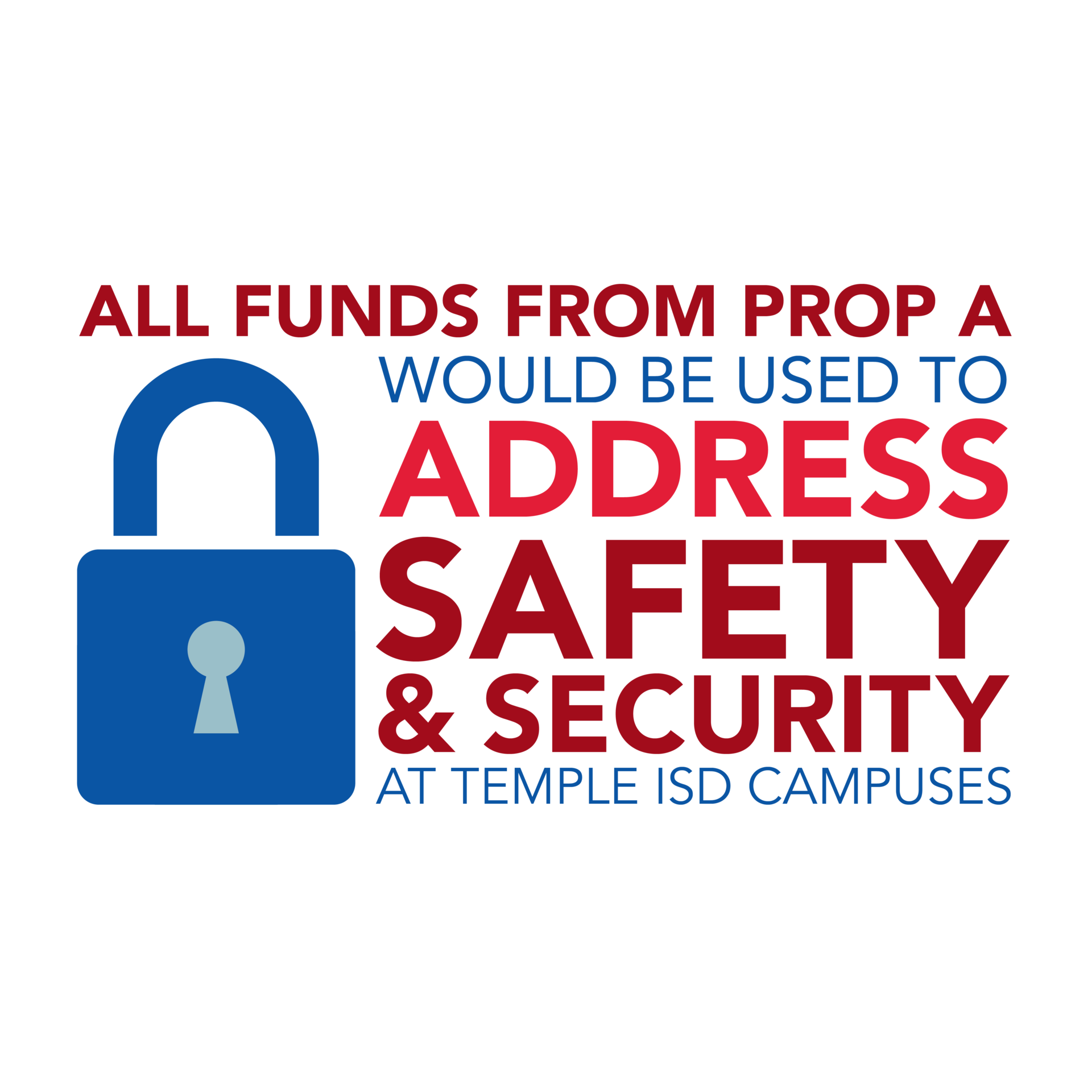 All funds from Prop A would be used to address safety and security at Temple ISD campuses with lock icon