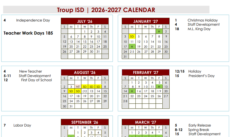 screenshot of 2026-2027 Troup ISD calendar