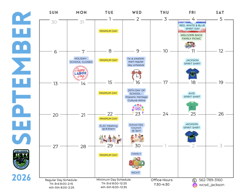 Lydia Jackson school calendar for September 2026