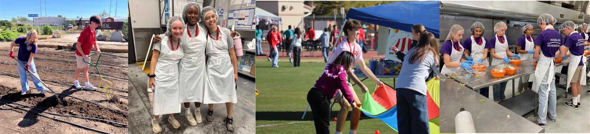 Collage of students doing service at St. Vincent de paul and field day