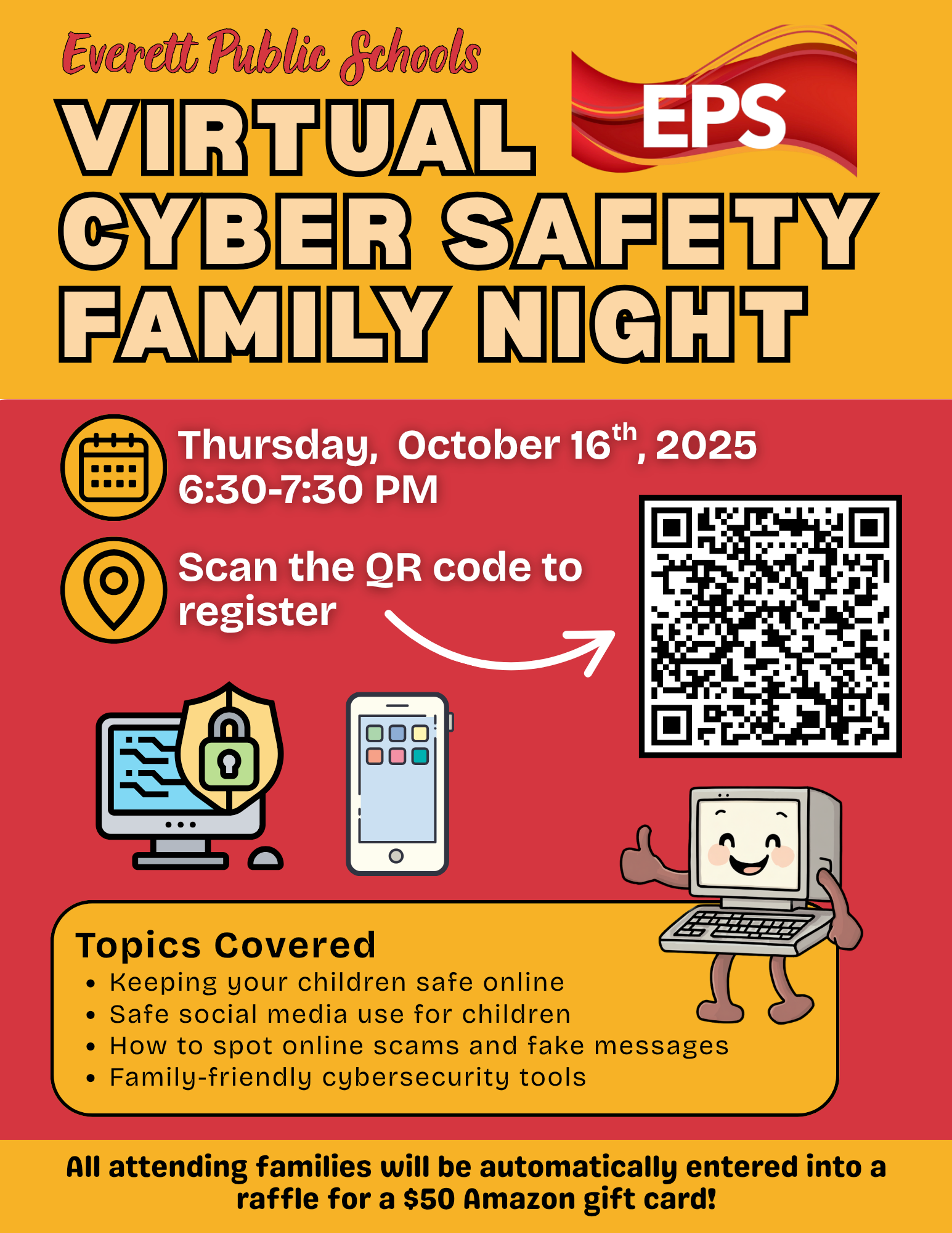 Virtual Cyber Safety Family Night event details with QR code.