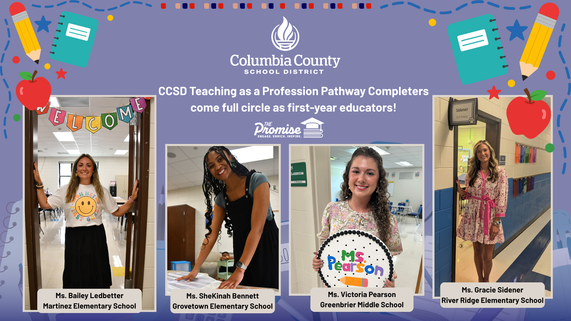 Four first-year educators with welcoming smiles in a school setting.