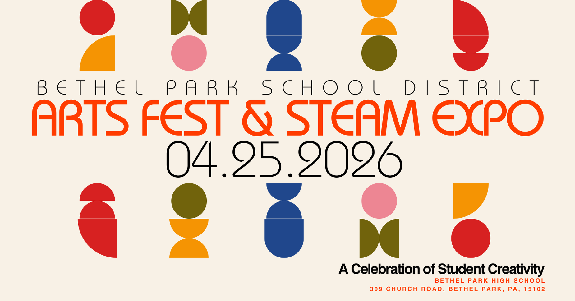 Colorful abstract shapes with event details for Arts Fest & Steam Expo.