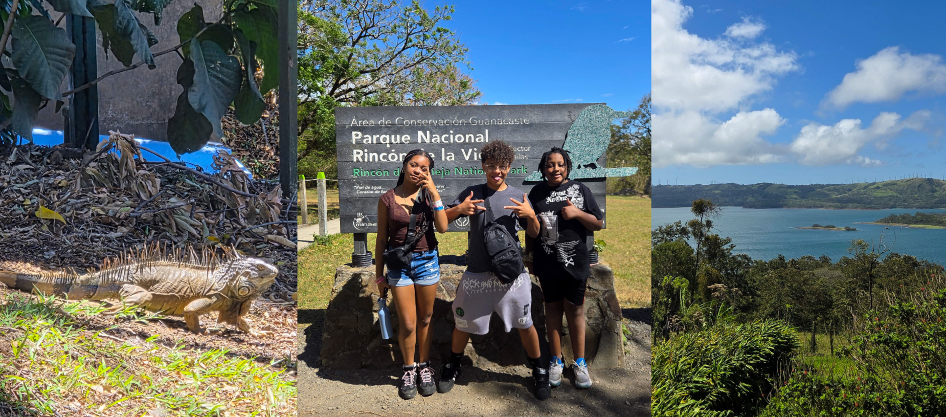 Three image collage with iguana three students in front of National Park sign and a landscape view of Costa Rica