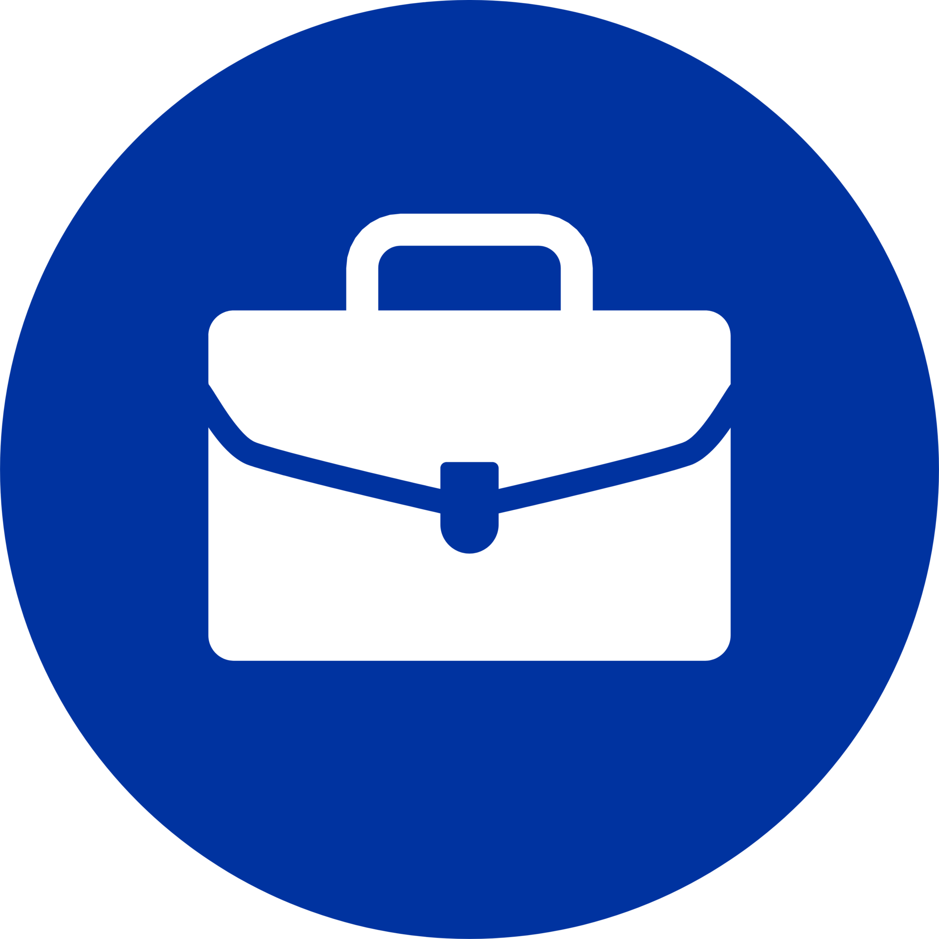 White briefcase icon on a blue circular background.