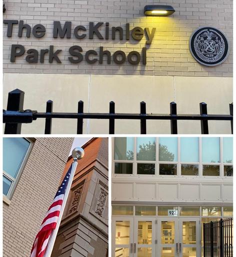 Signage of The McKinley Park School with a flag and entrance view.