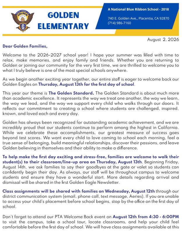 2026 Golden Welcome Back Letter to Community