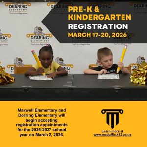 A photo with two children signing paperwork and information about 2026-2027 registration.