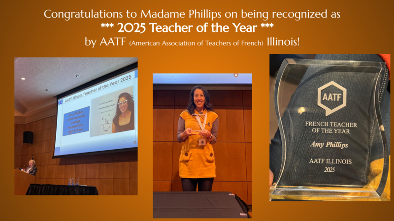 Ms. Phillips holding French Teacher of the Year award