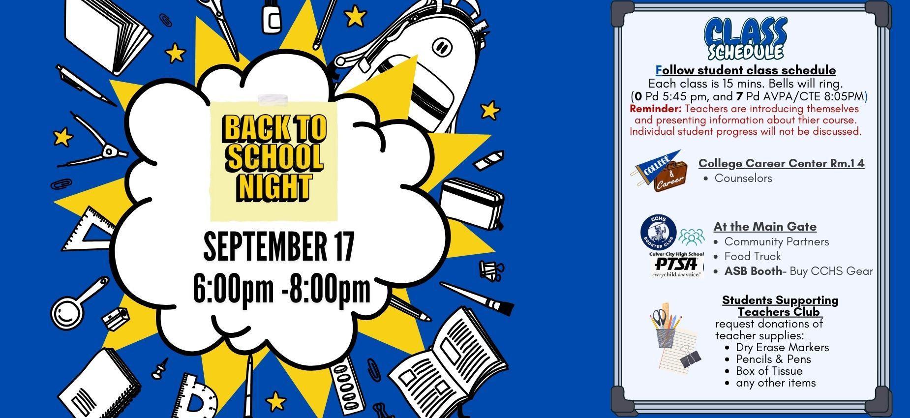 Back to School Night announcement with schedule, location, and event details.
