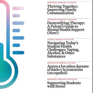 Workshop schedule for parents featuring various health-related topics and support sessions.