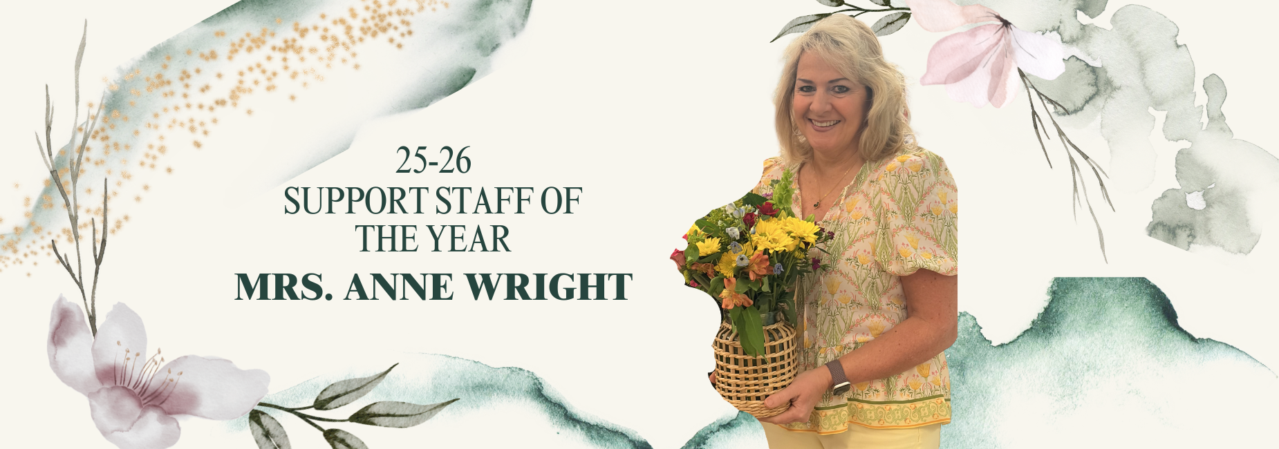 Woman holding a floral arrangement with a decorative background and text about an award.