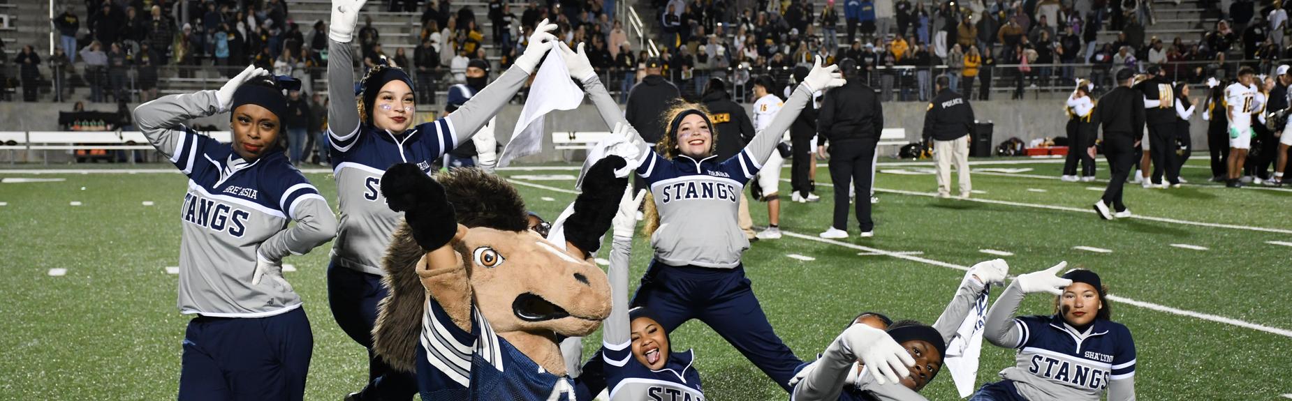Cheerleaders in uniforms celebrating with a horse mascot on a field.