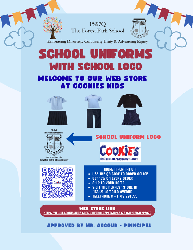 Promotional flyer for school uniforms featuring clothing items, logos, and contact info.