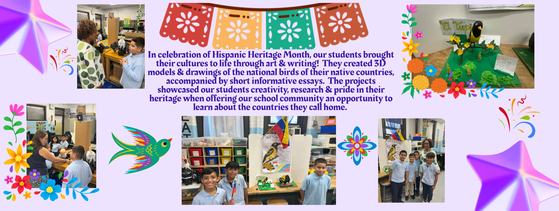 Students showcase projects celebrating Hispanic Heritage Month with crafts and essays.