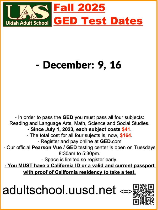 Fall 2025 GED / Pearson Vue test dates poster.